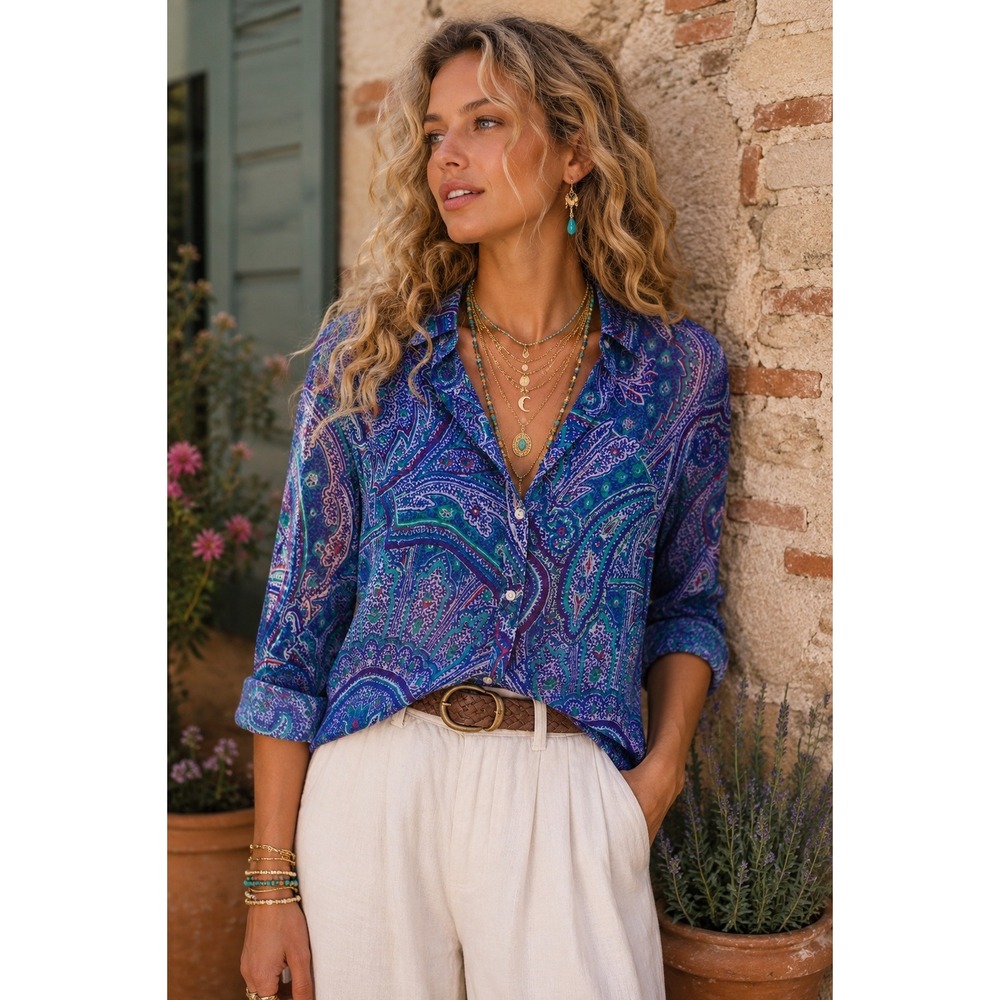 Lauren Ralph Lauren Paisley Cotton Sheer 3/4 Sleeve Button Down Shirt Purple L